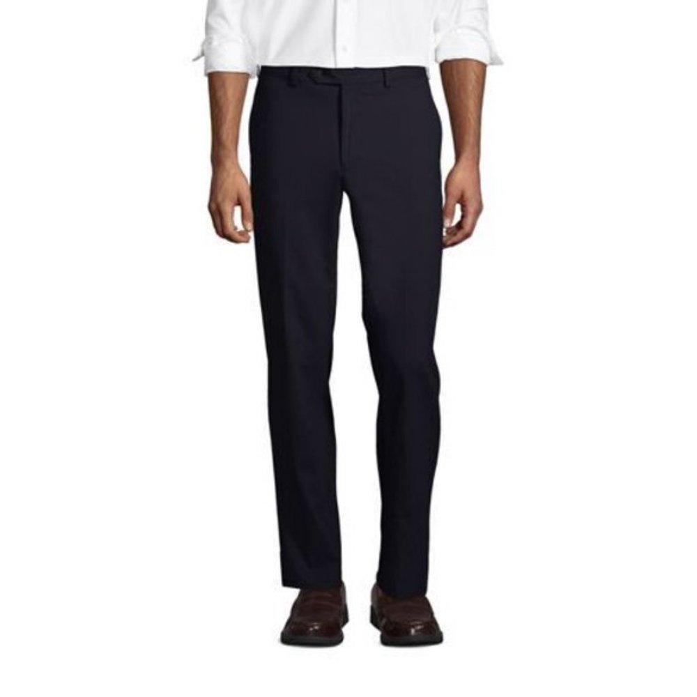 NWT LANDS' END WASHABLE WOOL TAILORED PLAIN FRONT TROUSERS TRUE‎ NAVY 42